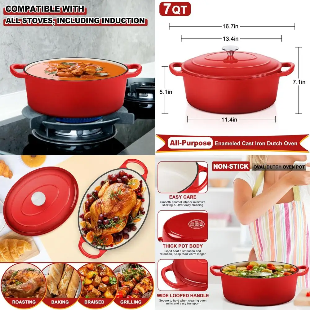 

Чугунная эмалированная кастрюля-казан с крышкой, двумя ручками, красная, идеально подходит для выпечки хлеба на закваске, с антипригарным покрытием, нетоксичная, легко моется