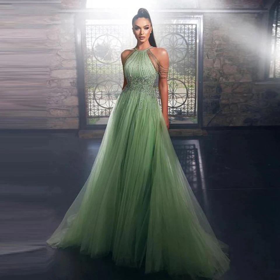 Kadisua Emerald Green Evening Dress Women Sleeveless Halter Beaded Appliques Floor Length Draped Organza Formal Occasion Tailor