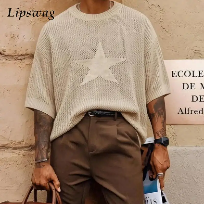 Leisure Mens Hollow Out Breathable Knit Tee Summer Casual O Neck Short Sleeve T Shirts Men Vintage Star Crochet Knitting T-shirt