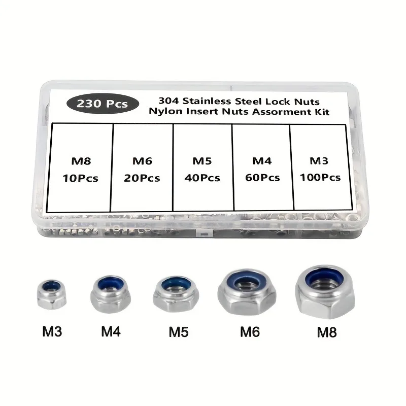 230pcs 304 Stainless Steel Metric Locking Nut Kit Hexagonal Locking Nylon Insert Nuts M3 M4 M5 M6 M8 Hardware Tools Mentaiwork