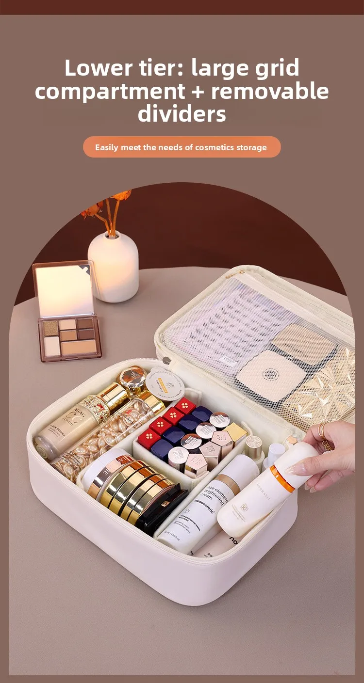 Doppelschichtige Handtasche aus PU-Leder für Make-up, Große Kapazität Reise-Kosmetikorganizer, Toilettentasche für Schönheitsprodukte, Damen – Detail 7