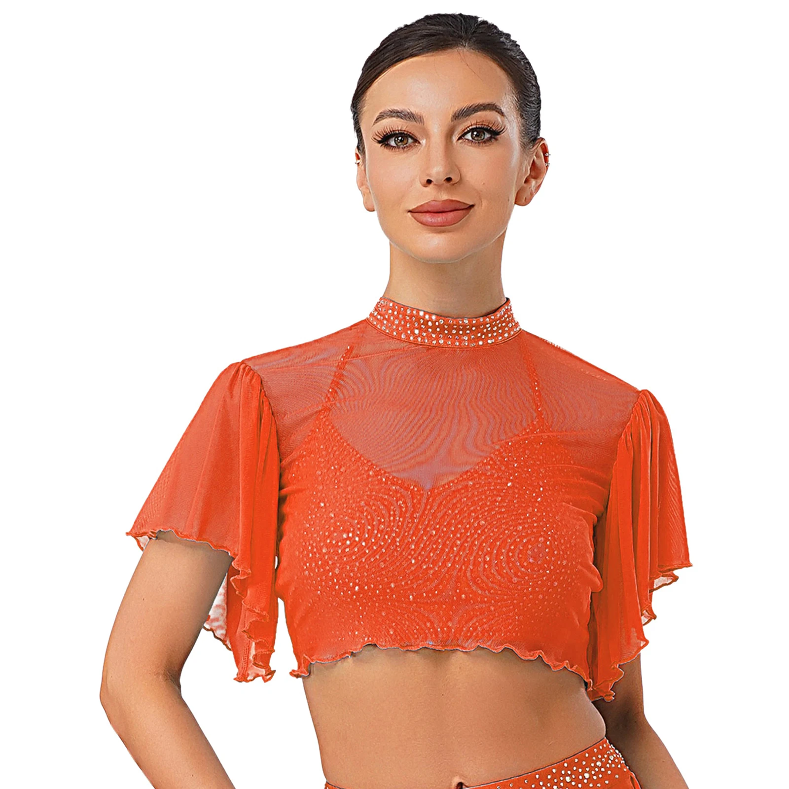 

Women's Lyrical Dance Crop Top Cardigan Rhinestone Mock Neck Short Sleeve Open Back Sheer Mesh Cover Up for Ballet Modern Dance