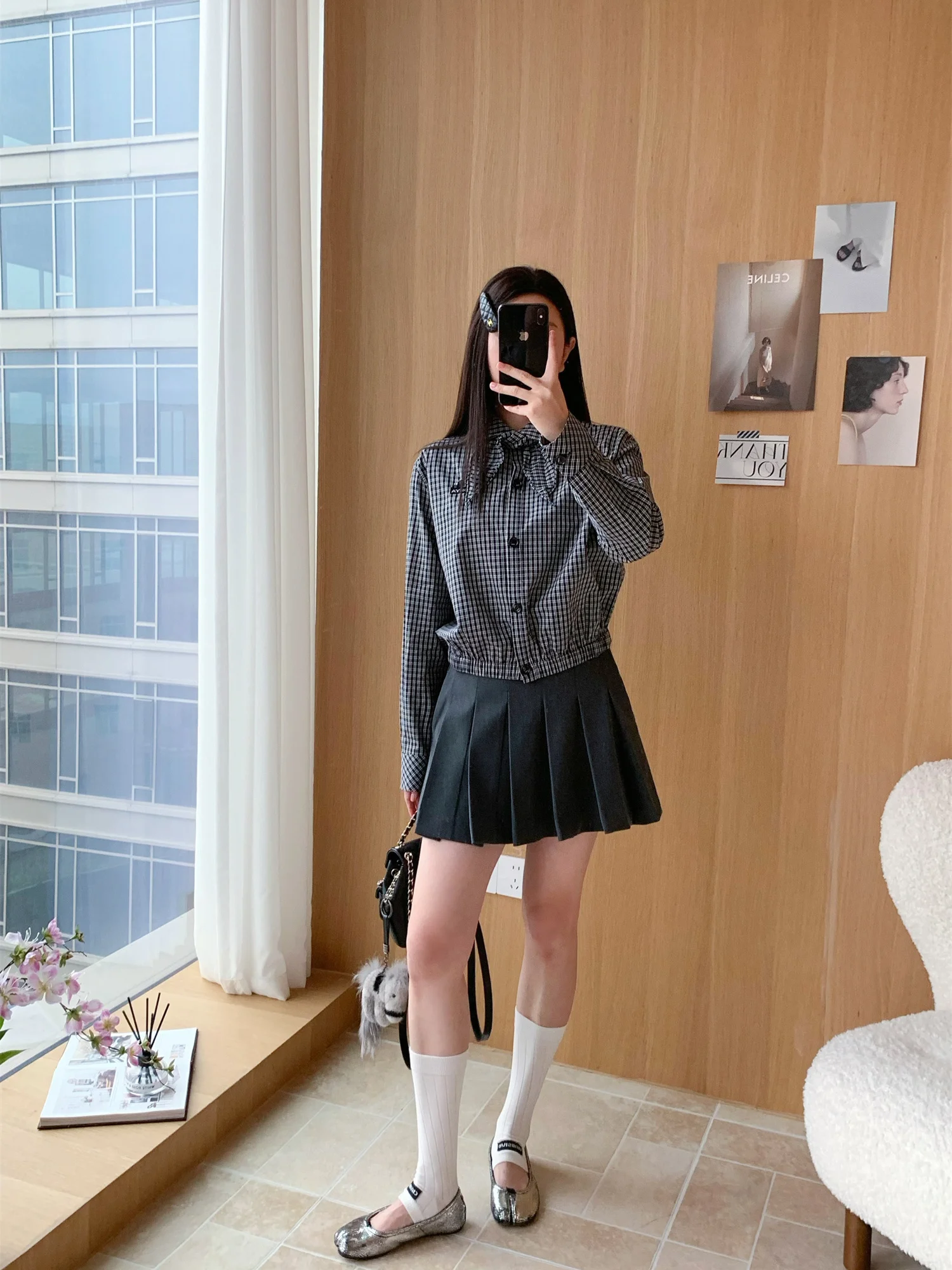

Sweet Preppy Style Plaid Shirt Cotton Breathable Long Sleeve Women's Short Length Flip Collar Spring 2026