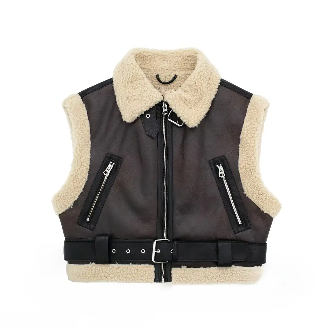 2024 autumn new women\'s clothing lapel sleeveless vest motorcycle style fleece splicing double-sided vest shoulder short jacket