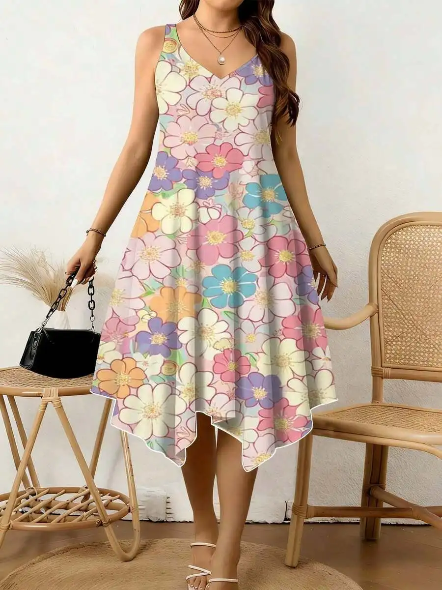 

Women V Neck Floral Print Irregular Hem Dress Summer Casual Beach Garden Party