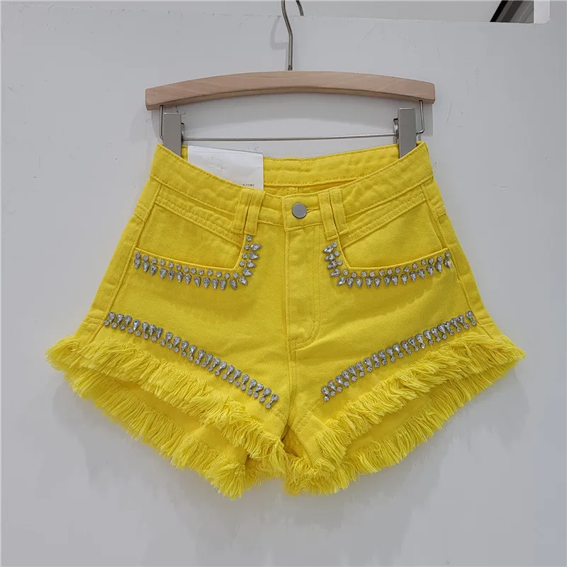 Diamond-mounted Fringed Women's Denim Shorts Summer American Style High Street Shorts High Waist Slim-looking Blue Hot Pants