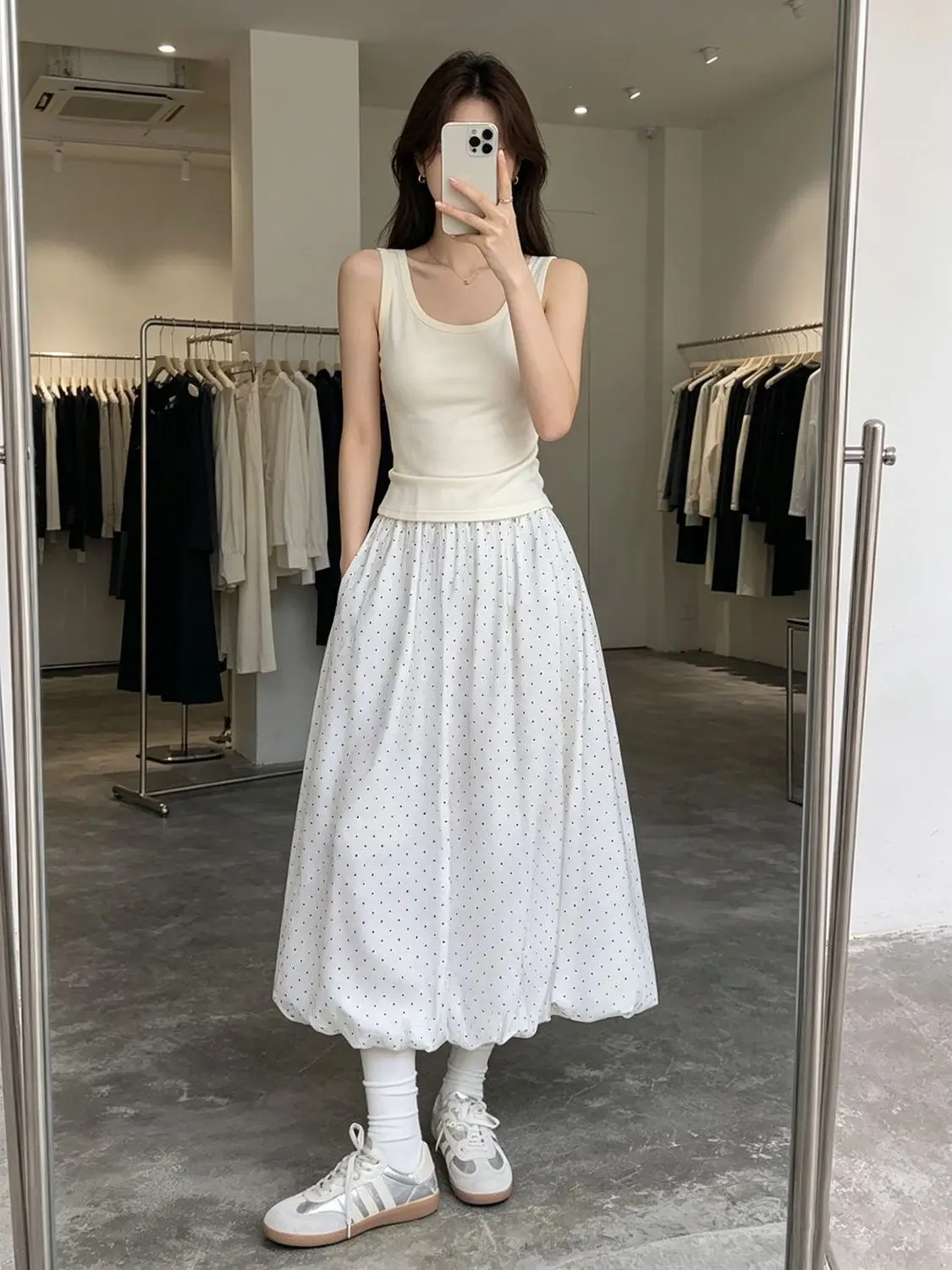 

White Polka Dot Half Skirt Women's Summer 2026 Slimming Drapey A-Line Bloom Midi Skirt Trendy Commute Korean Style