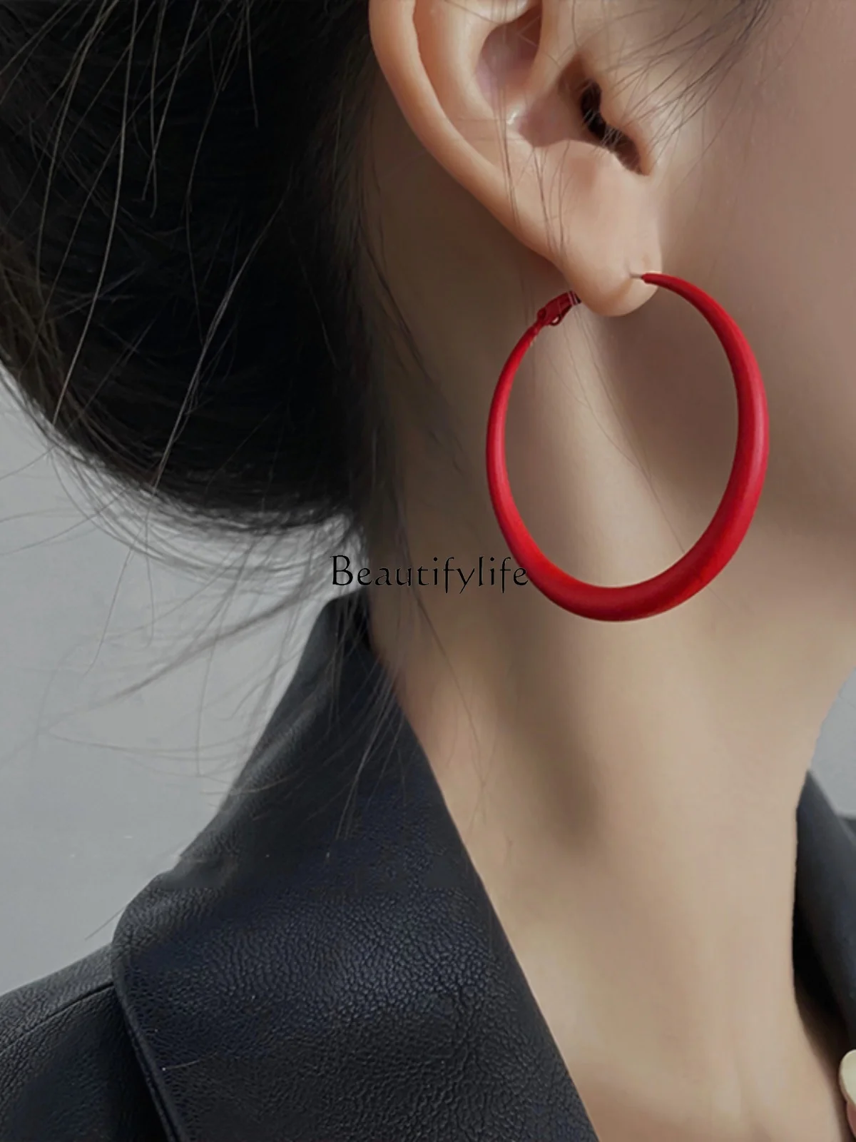 Red Geometric Ear Ring 2023 New Trendy Autumn and Winter Frosted Big Hoop Earrings