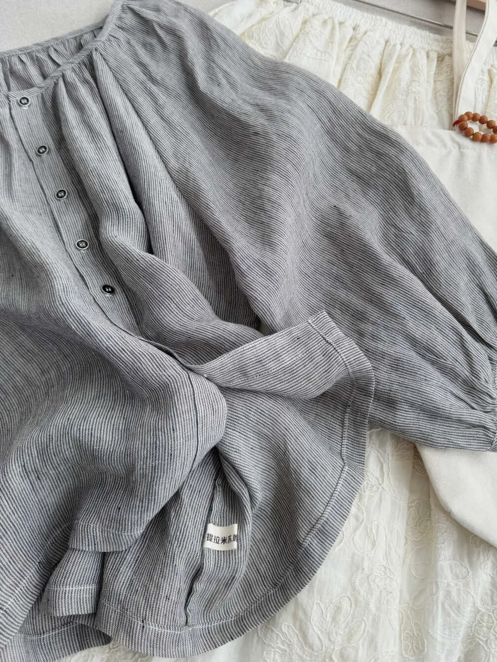 Japanese Lazy Artistic round Ne  Color Single Button Seven Sve Loose Slimming Small Stripe Linen irt Women