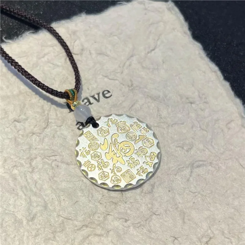 

Серебро S999 сплошной стиль позолоченный большой кулон с благоприятным посланием для мужчин и женщин, ожерелье «Мир и радость»
