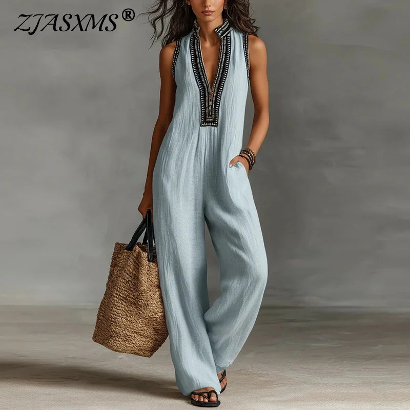 

Sexy Deep V Neck Hollow Women's Jumpsuits Vintage Printed High Waist Slim Office Romper Spring Summer Sleeveless Pocket Overalls