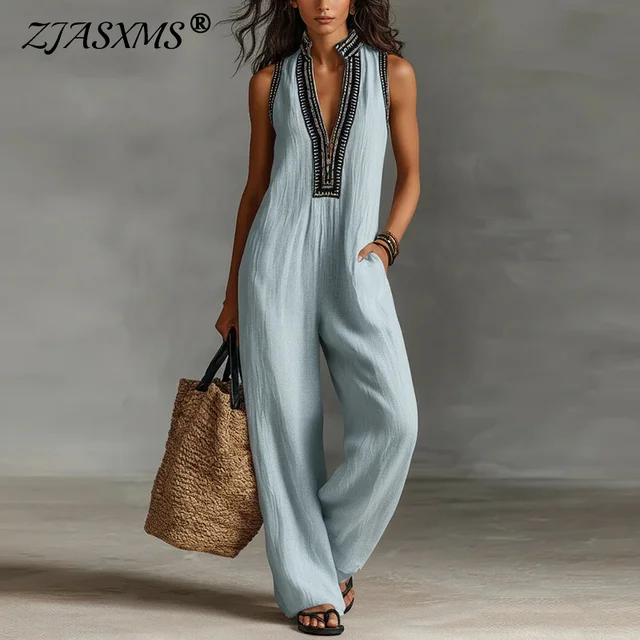 Sexy Deep V Neck Hollow Women's Jumpsuits Vintage Printed High Waist Slim Office Romper Spring Summer Sleeveless Pocket Overalls Sexy Deep V Neck Hollow Women's Jumpsuits Vintage Printed High Waist Slim Office Romper