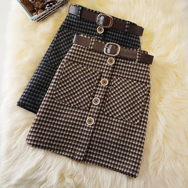 Vintage High Waist Plaid All-match A-line Skirt Autumn Winter Button Patchwork Elegant Midi Skirt Fashion Office Women Clothing
