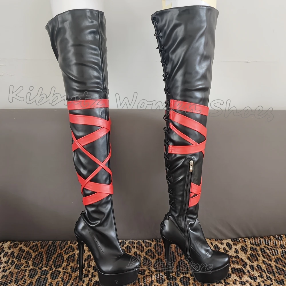 Cross Strap Platform Boots Over The Knee Patchwork Leather Round Toe Thin Heels Spicy Girls Shoes Fashion Novelty Sexy Elegant view 5