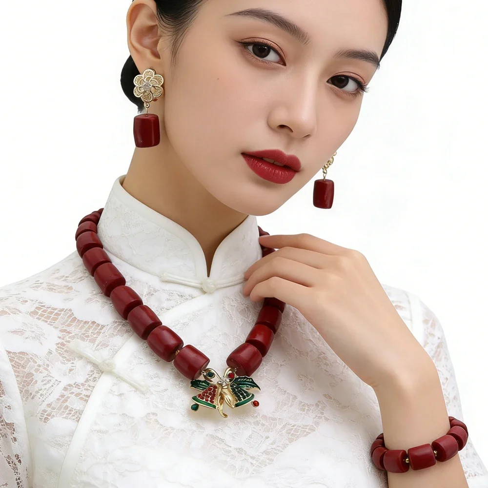 Nigerian Weddings Coral Beads Statement Necklace Bracelet Earrings Jewelry Set African Beads for Traditional Women Choker Gifts