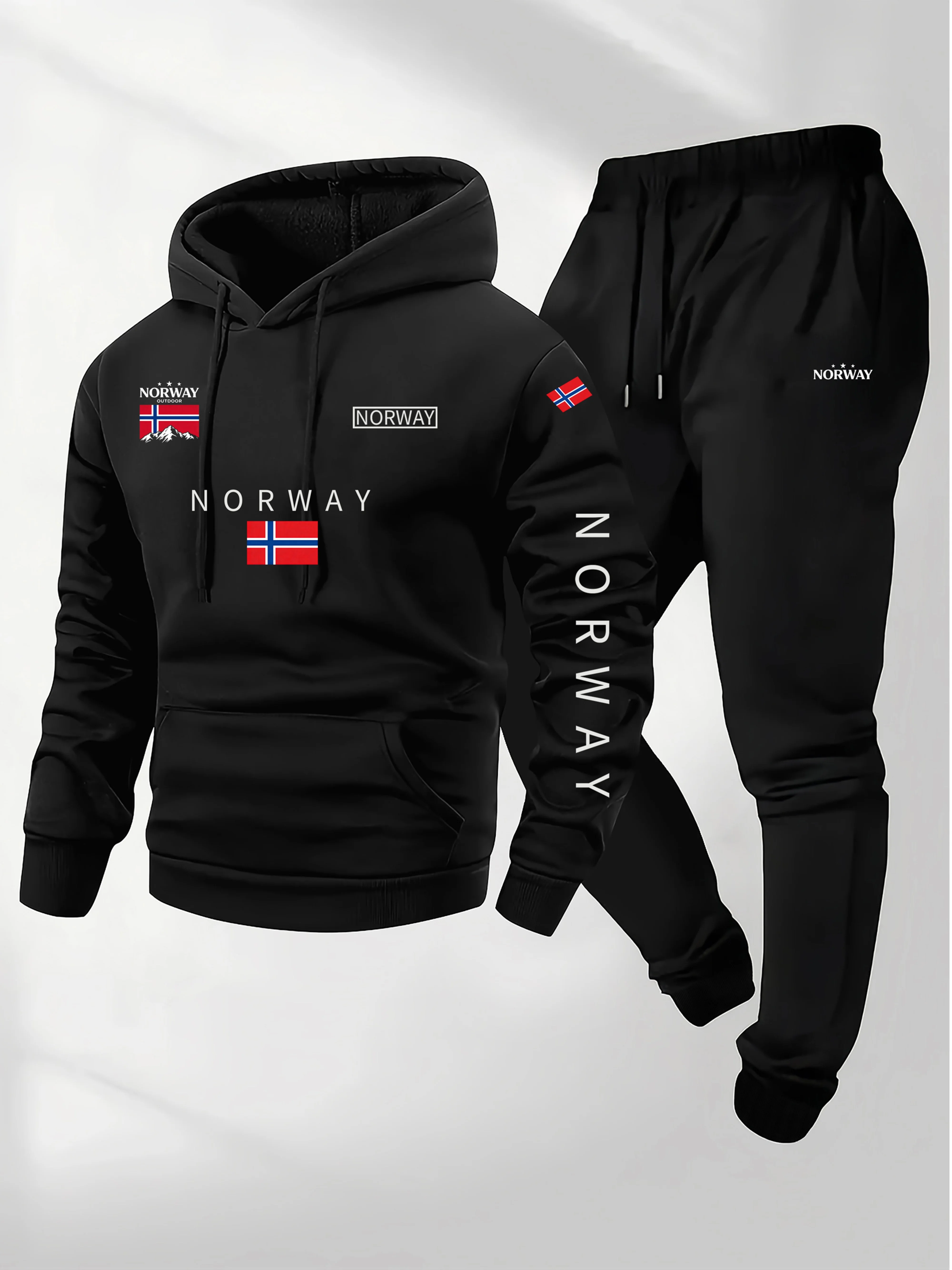 Men 2‑Pieces Tracksuit Norway Graphic Print Hoodie With Pocket Drawstring Jogger Pants Set Autumn Winter Casual Sportswear Daily