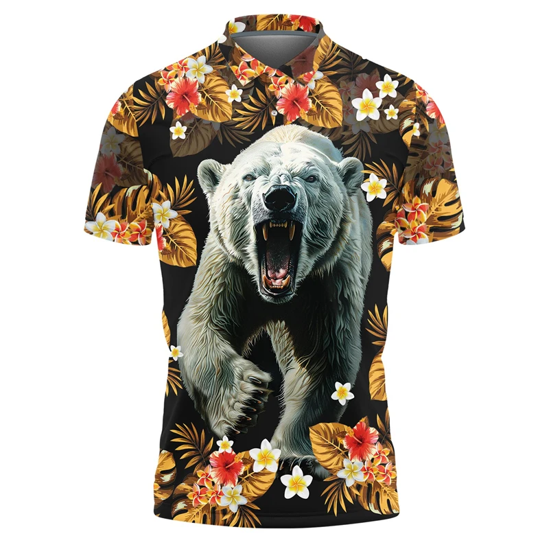 Animal Lovers Polo Shirts For Men Clothes Hyena Bear Tiger Wolf Graphic Graphic Casual Animals Short Sleeve Hawaiian Flower Tops