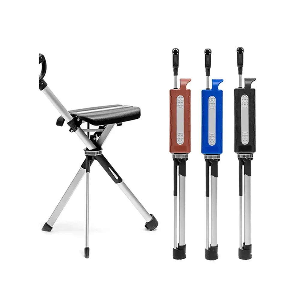 Cane Chair,Non-slip Crutch Folding Portable Seat,Universal Crutch, Elderly Crutch and Chair Dual Use CampingChairs Folding Chair