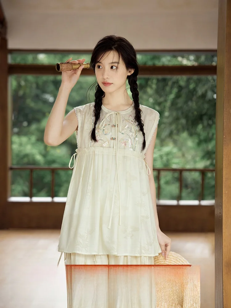 

Июльский вечер, оригинальные улучшенные брюки Hanfu Huang Bi Song, женские летние носимые новые китайские комплекты Fem Premium