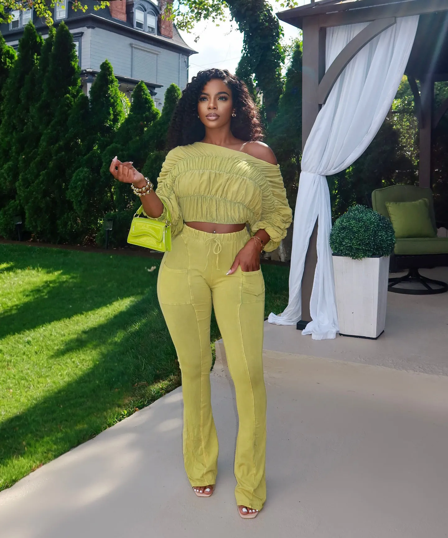 Ensemble femme demi manches lavé froncé hauts et pantalons longs costume automne fête rue décontracté salon deux 2 pièces ensemble tenue