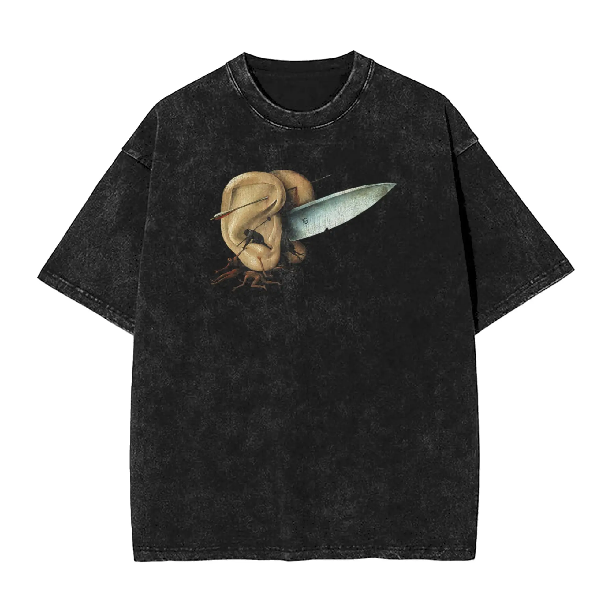 Hieronymus Bosch The Garden of Earthly Delights Hell Men's T Shirt Washed  Tees Short Sleeve Crew Neck T-Shirt Clothes