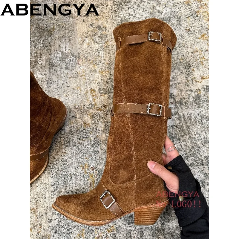 Hot Sale Winter Leather Knee High Boots For Women Pointy Toe Square Kitten Heels Long Boots Designer Party Chelsea Boots Women
