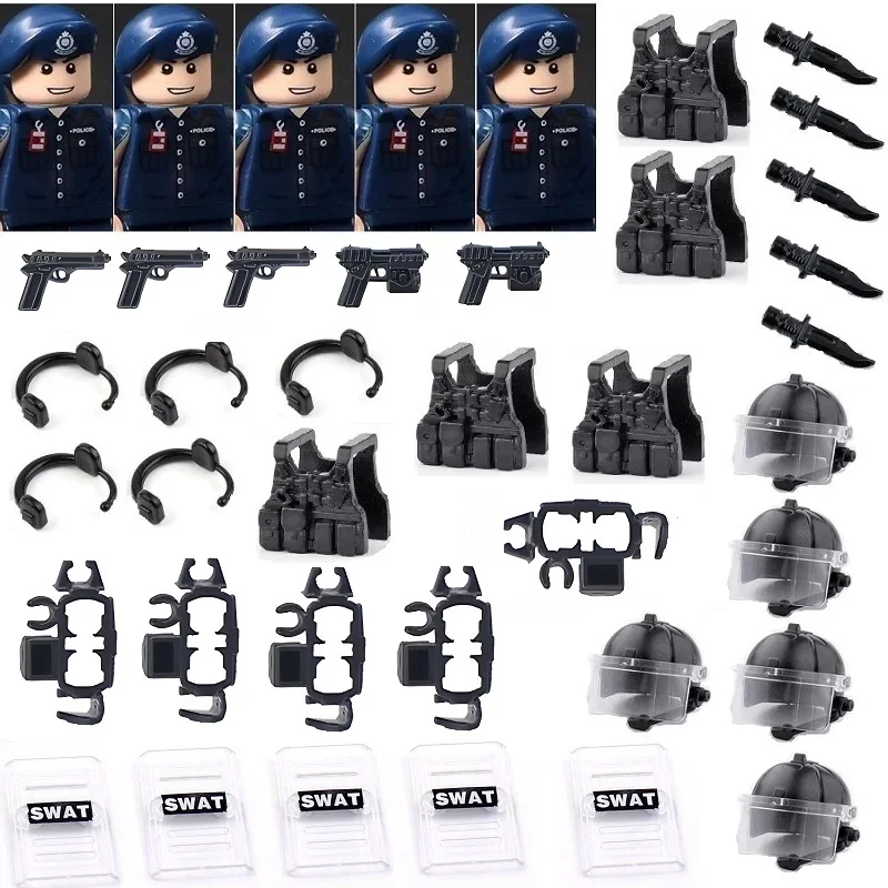 5PCS/SET Hong Kong City Police Military MOC Building Blocks City SWAT Team for Children Weapons Figures Brick Mini Toys Hobbies