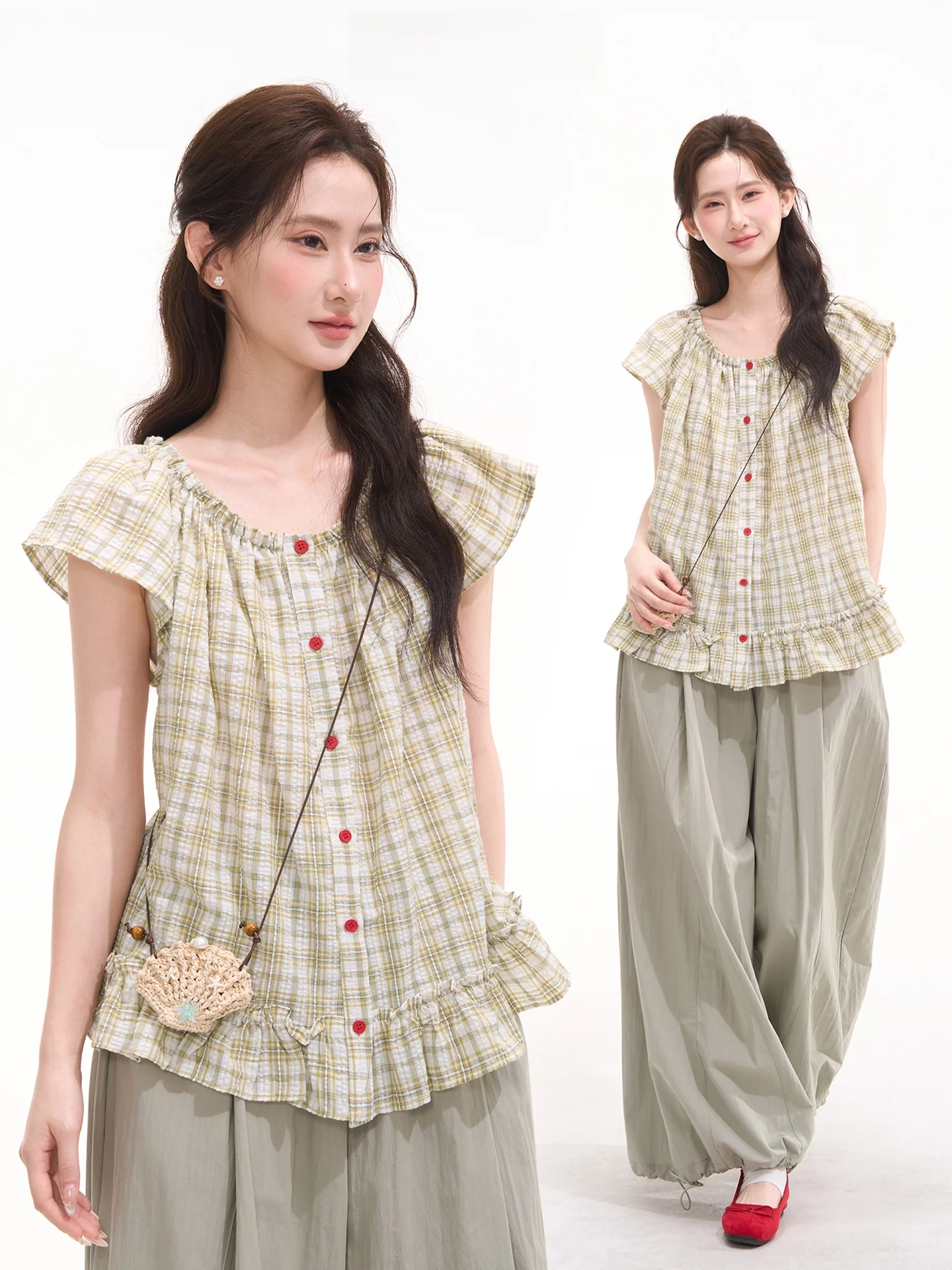 

Женская летняя хлопковая рубашка в клетку в стиле принцессы с рукавами-воланами, омолаживающая, модная, с цветочным принтом и декоративной отделкой по краю