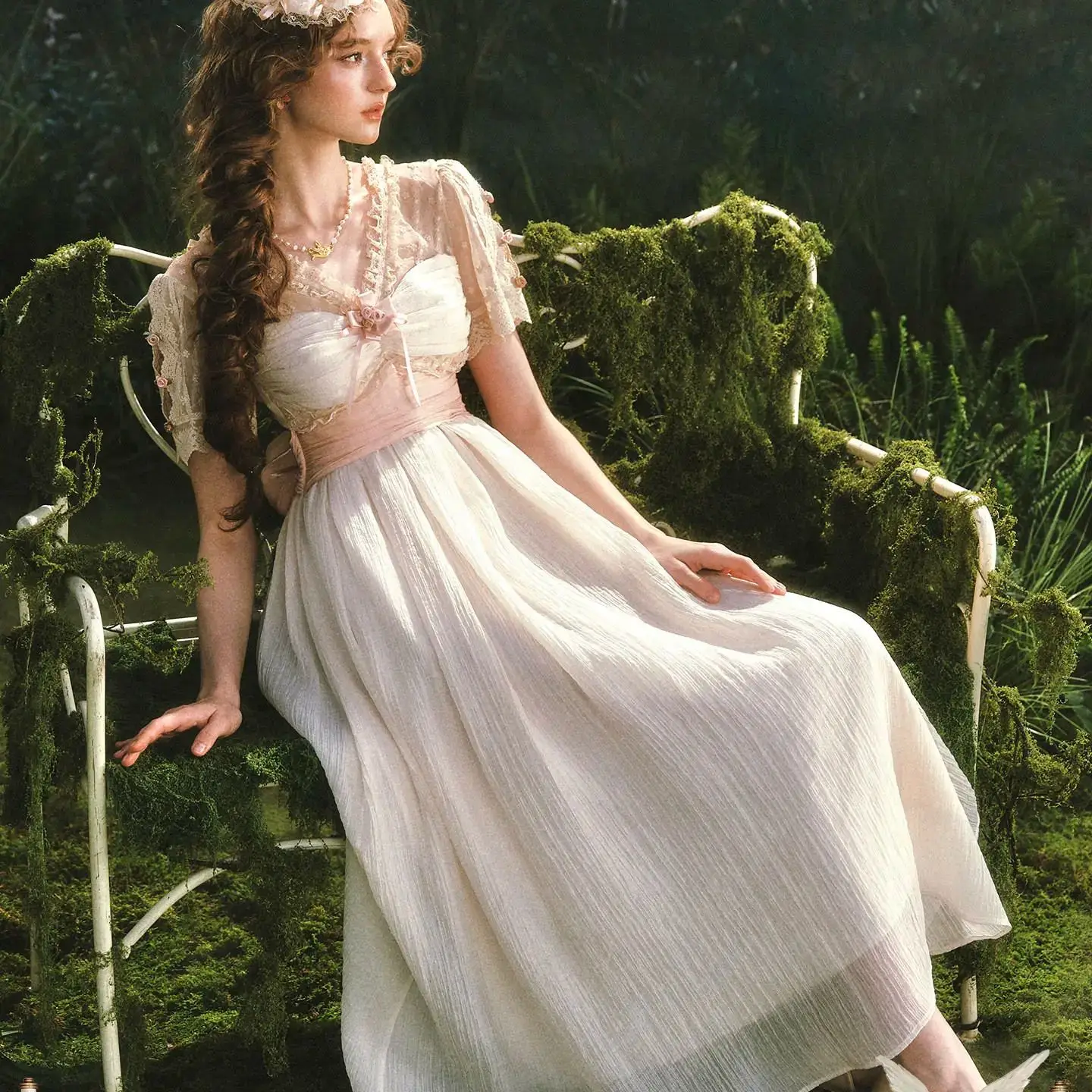 

TIYIHAILEY Summer Short Sleeve Chiffon Women Dress Long Maxi Ladies V-Neck Lace Up Dresses 2026 New High Waist Detachable Brooch