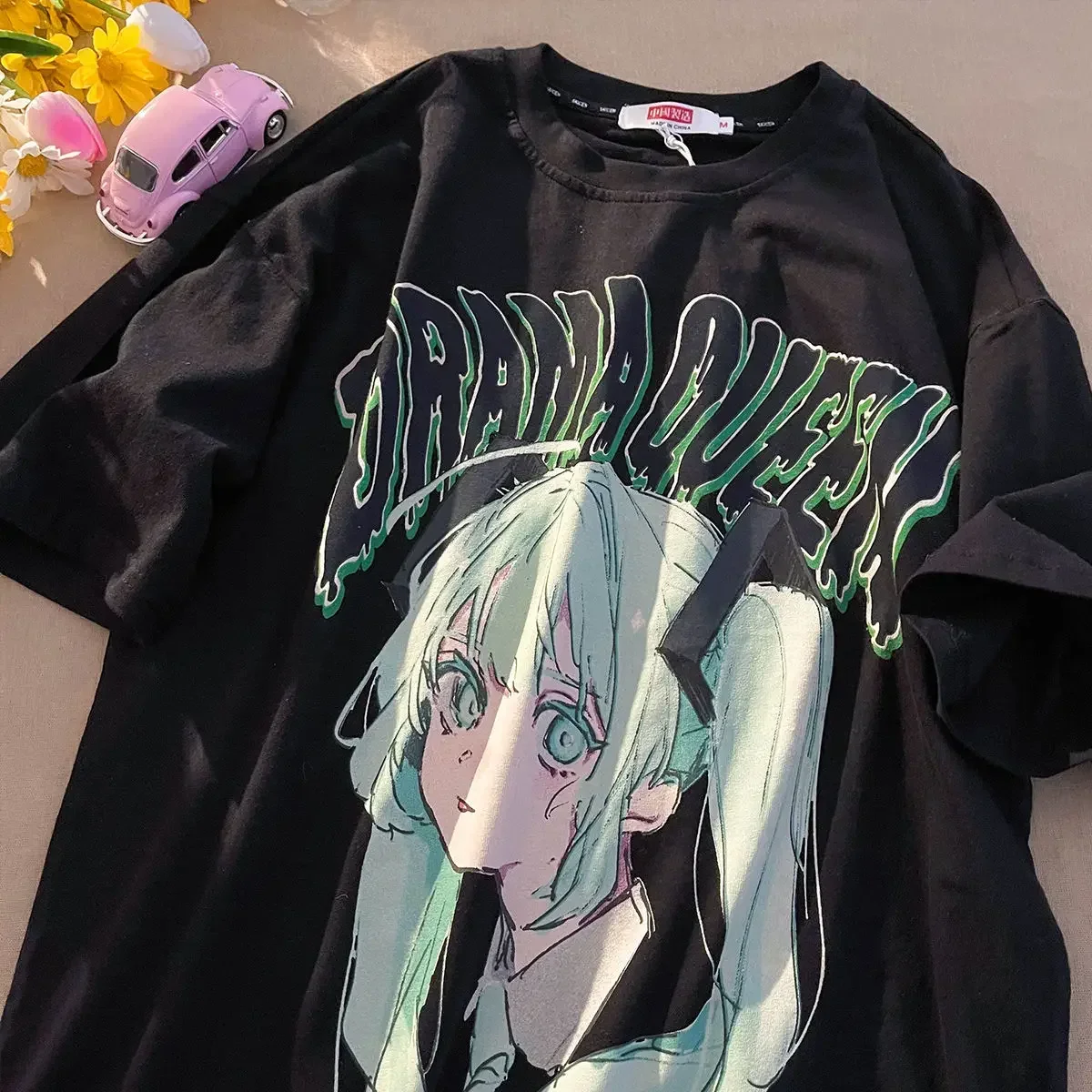 Camiseta con estampado de Anime Harajuku para mujer, camisetas holgadas de manga corta Y2k estéticas Kawaii, camiseta de gran tamaño a la moda