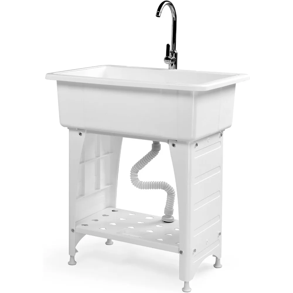 

Spacious White Utility Sink Laundry Tub for Laundry Room, Garage Washing Station, Slop Sink, Freestanding Sink with Stainless S