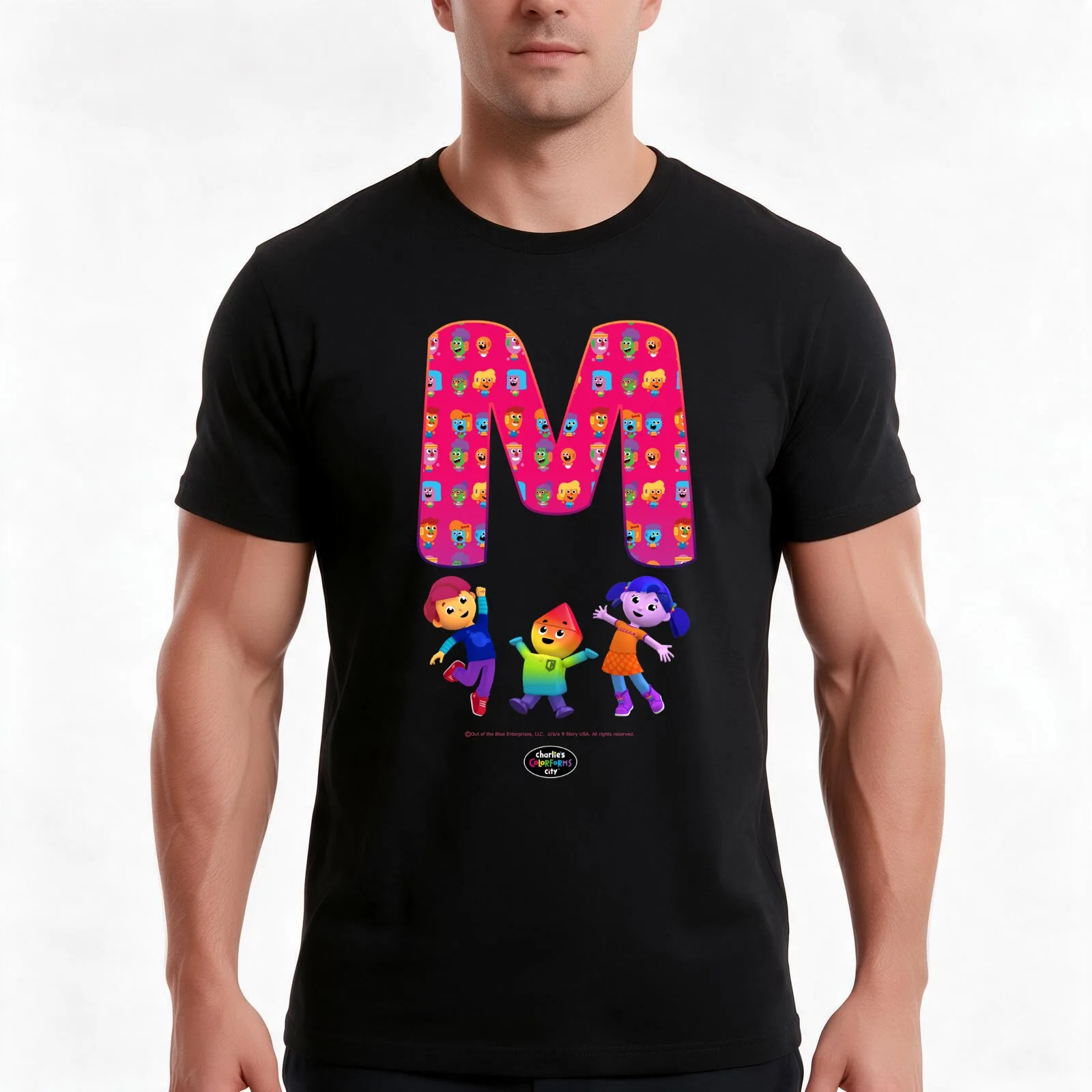 Charlie's Colorforms City Monogram Initial M T-Shirt, Summer Casual Cotton Tee, Oversized Streetwear Tops, Vintage Graphic Print