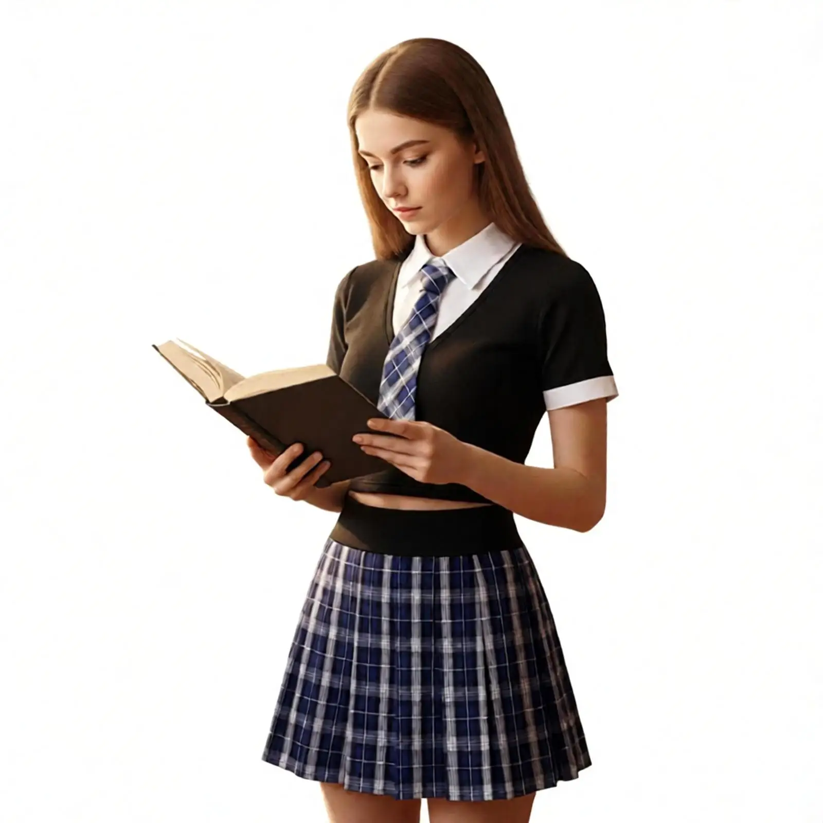 Women Magic Schoolgirls Uniform Set Cheerleading Cosplay Costume Tie Crop Top Shirt with Plaid Skirt Cheerleader Uniform Costume