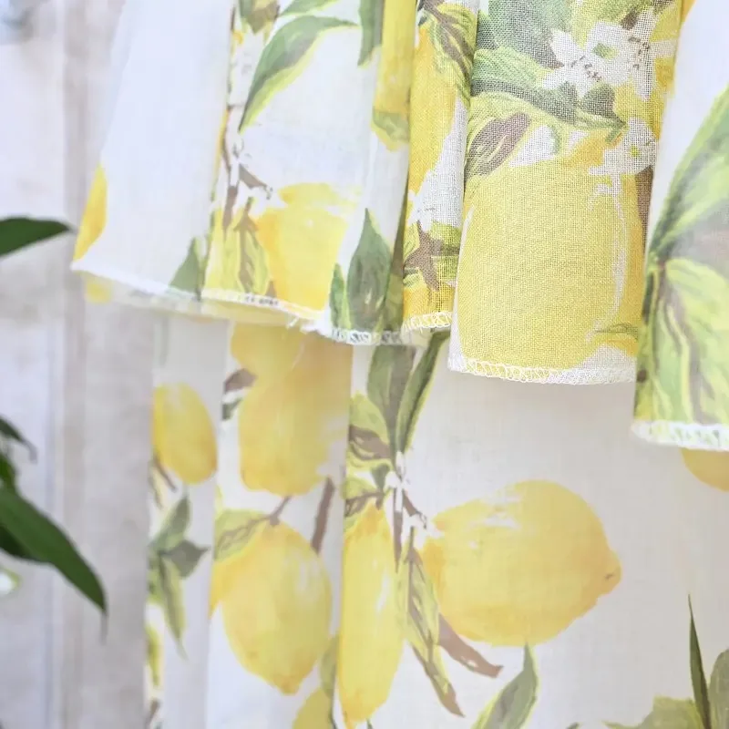Pastoral Lemon Print Short Curtain Window Treatment Sheers for Living Room Kitchen Cabinet Decorative