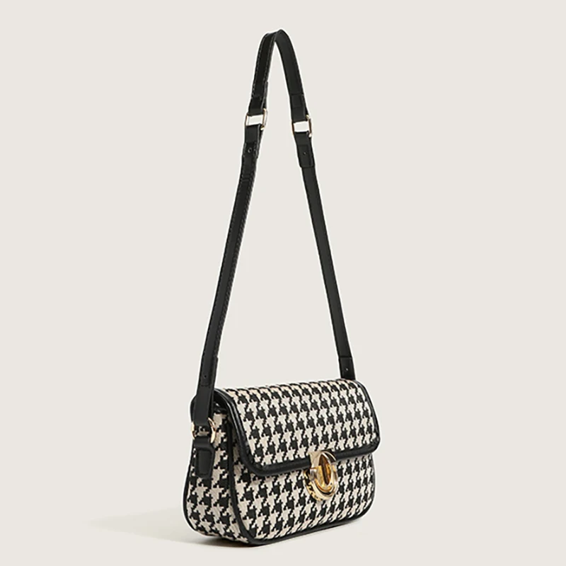 2024 Vintage Casual Elegant Fashion Women Handbag Daily Design Houndstooth Small Messenger Shoulder Bag Felt Plaid  Armpit Bag