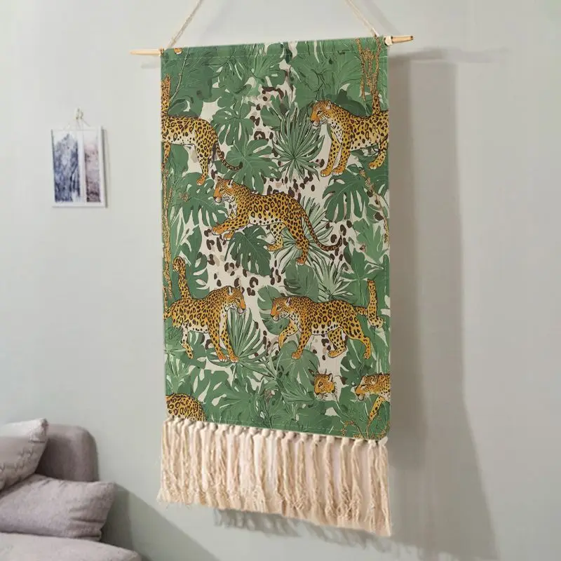 Boho Wild Animal Scroll Tapestry Jungle Leopard Tropical Leaf Tassel Polyester Wall Hanging Aesthetic Bedroom Dorm Home Decor