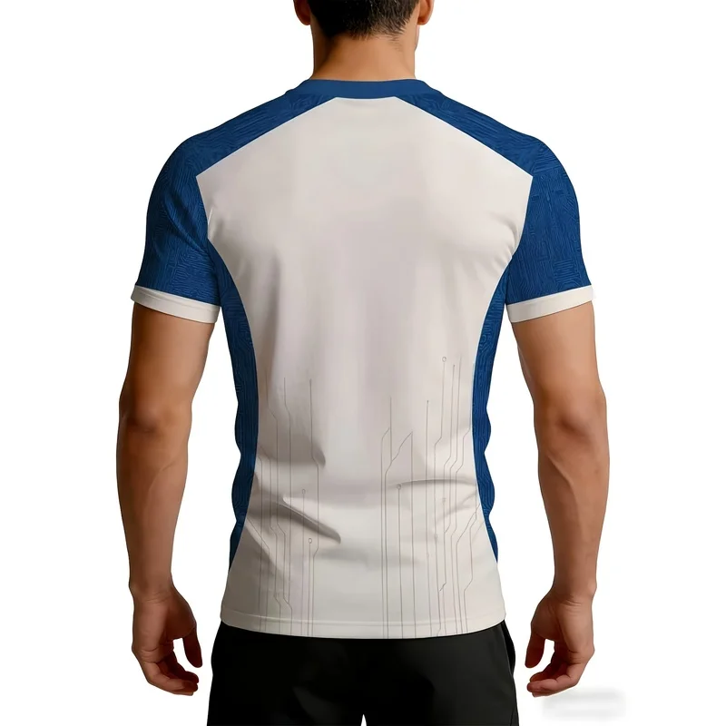 Men's muscle shaping fitness short sleeve High-elasticity quick-drying blue and white color-blocked athletic shirt