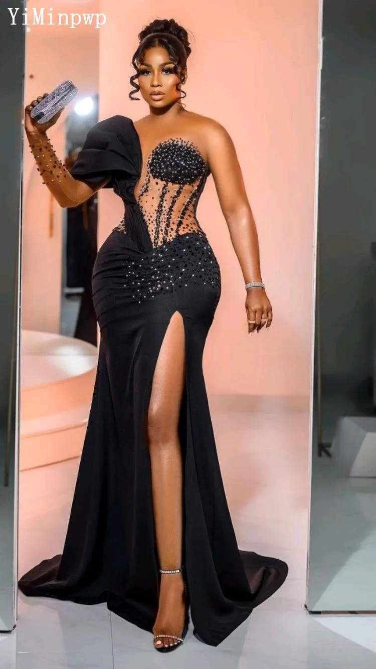 2024 Africa Black Mermaid Eveing Dresses with Detachable Train Sheer Neck Long Sleeve Side Split Beads Formal Occasion Dress