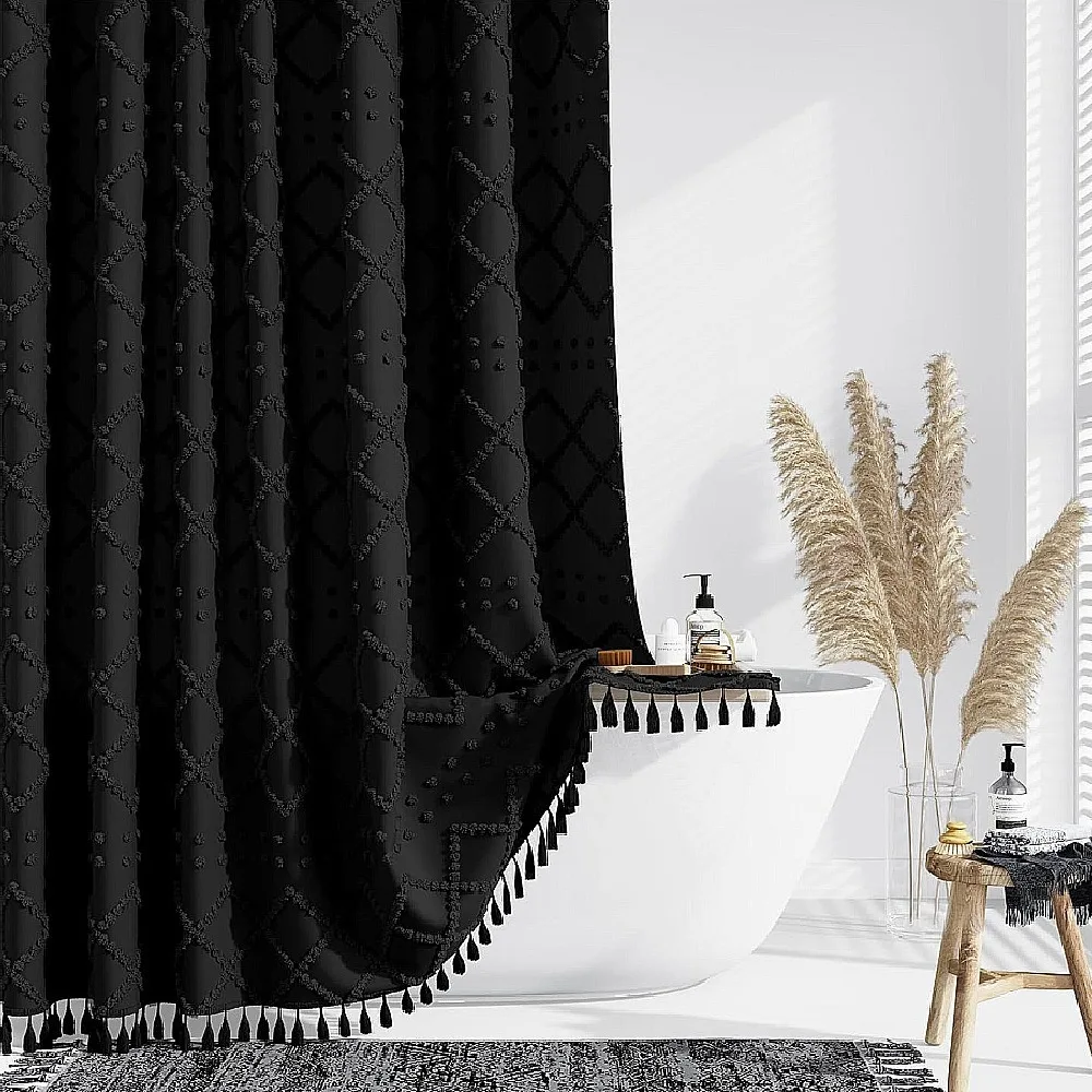 

Minimalist Waterproof Shower Curtain Tassels Solid Color Bath Curtain Thickened No Drilling Shower Drape Bathroom
