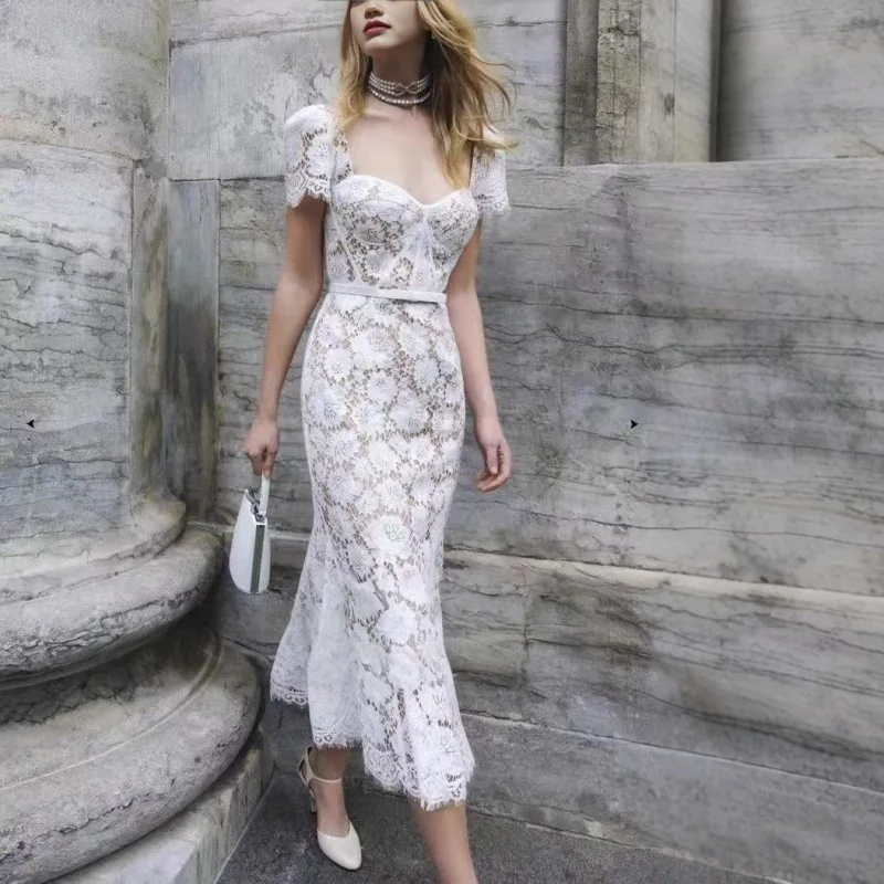 French Elegant Socialite Square Neck Short Sleeve Lace Hollowed Embroidery High Waist Belt Hip-wrapped Fishtail Long Dress Women