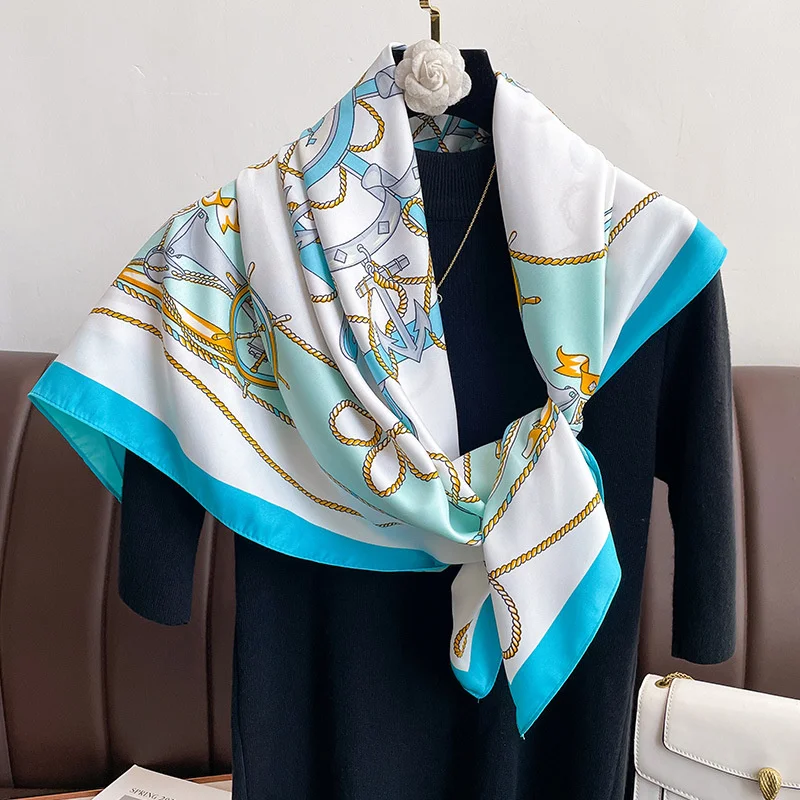 Brand Twill Silk Scarf Women Luxury Shawl Wrap 90cm Square Headband Print Neck Tie Female Hijab Satin Echarpe 2024 Bandana