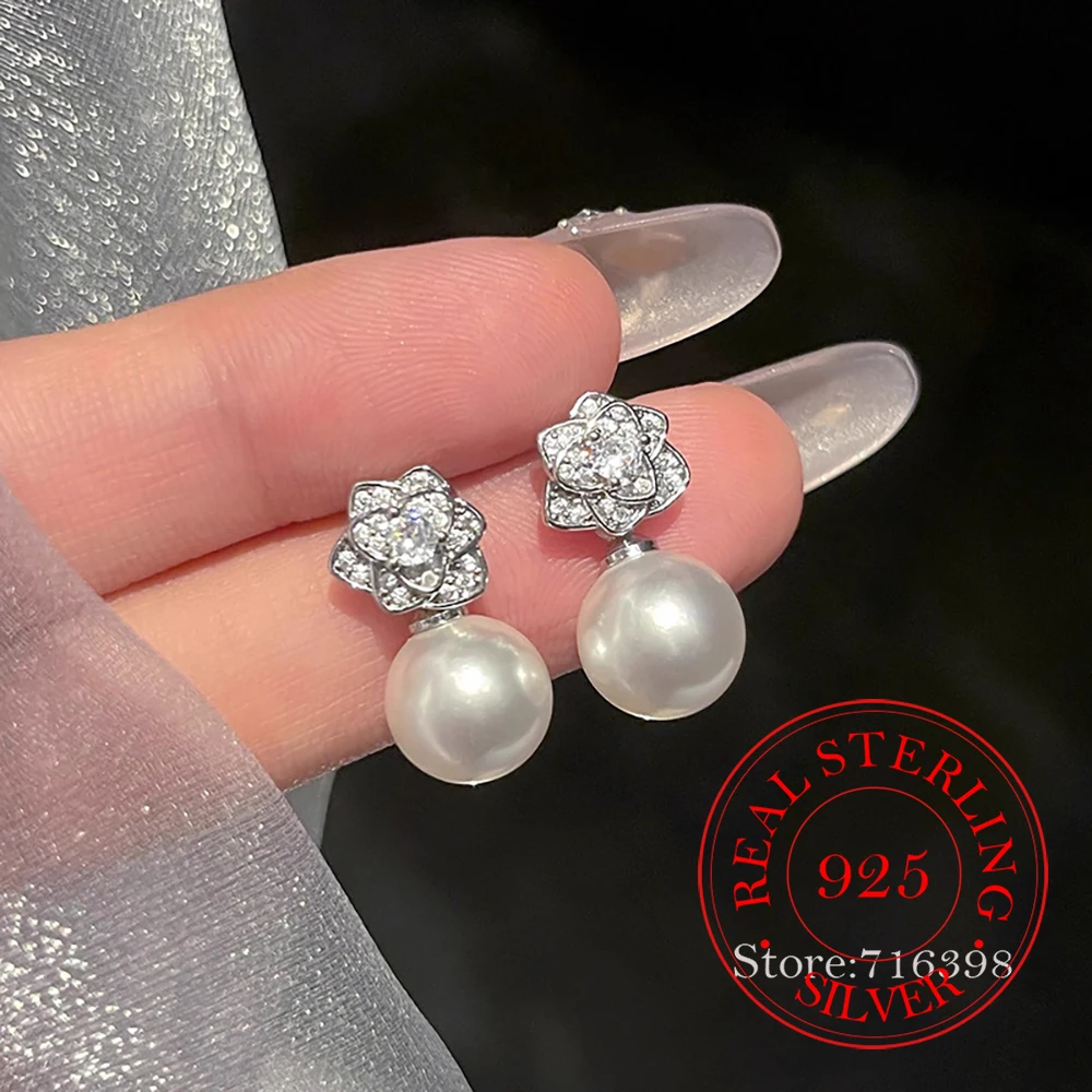 

925 Sterling Silver Jewelry Zircon Crystal Camellia Pearl Stud Earrings for Women Wedding Party Jewelry For Girls Friend Gift