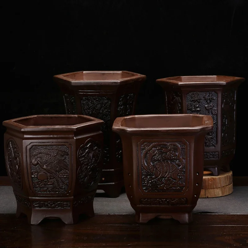 Chinese Handmade Carved Purple Clay Flowerpot Home Furnishing Decoration Antique Bonsai Pots for Plants Square Hexagonal Planter