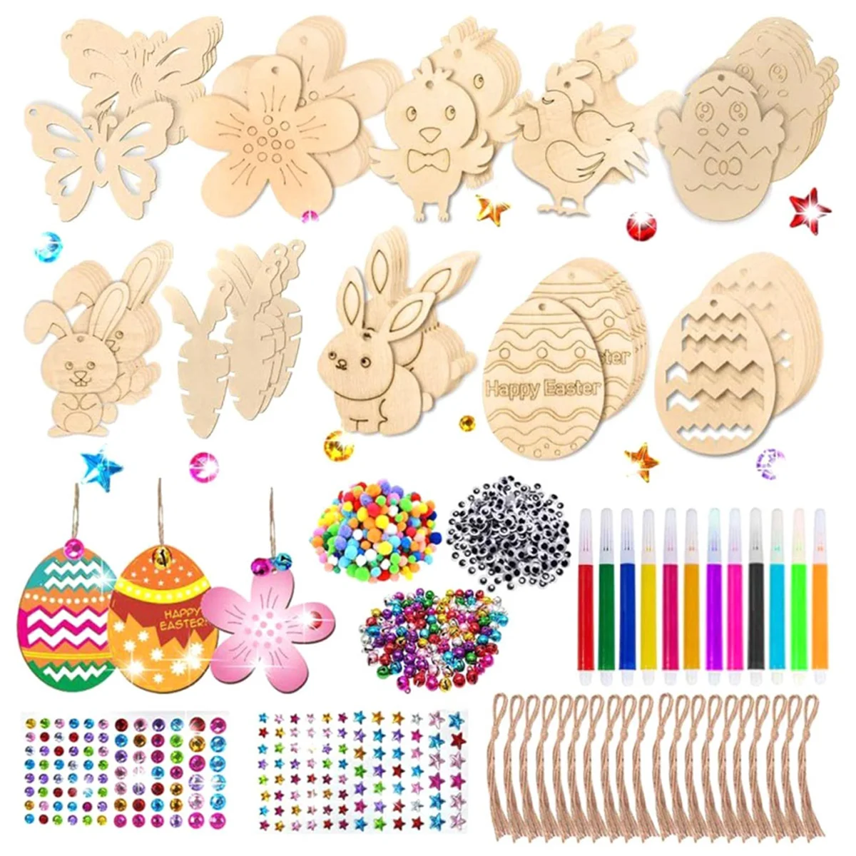 

60Pieces Easter Kids Crafts Wooden Ornaments Unfinished Crafts Hanging Embellishments Crafts for Kid Valentines Day Card