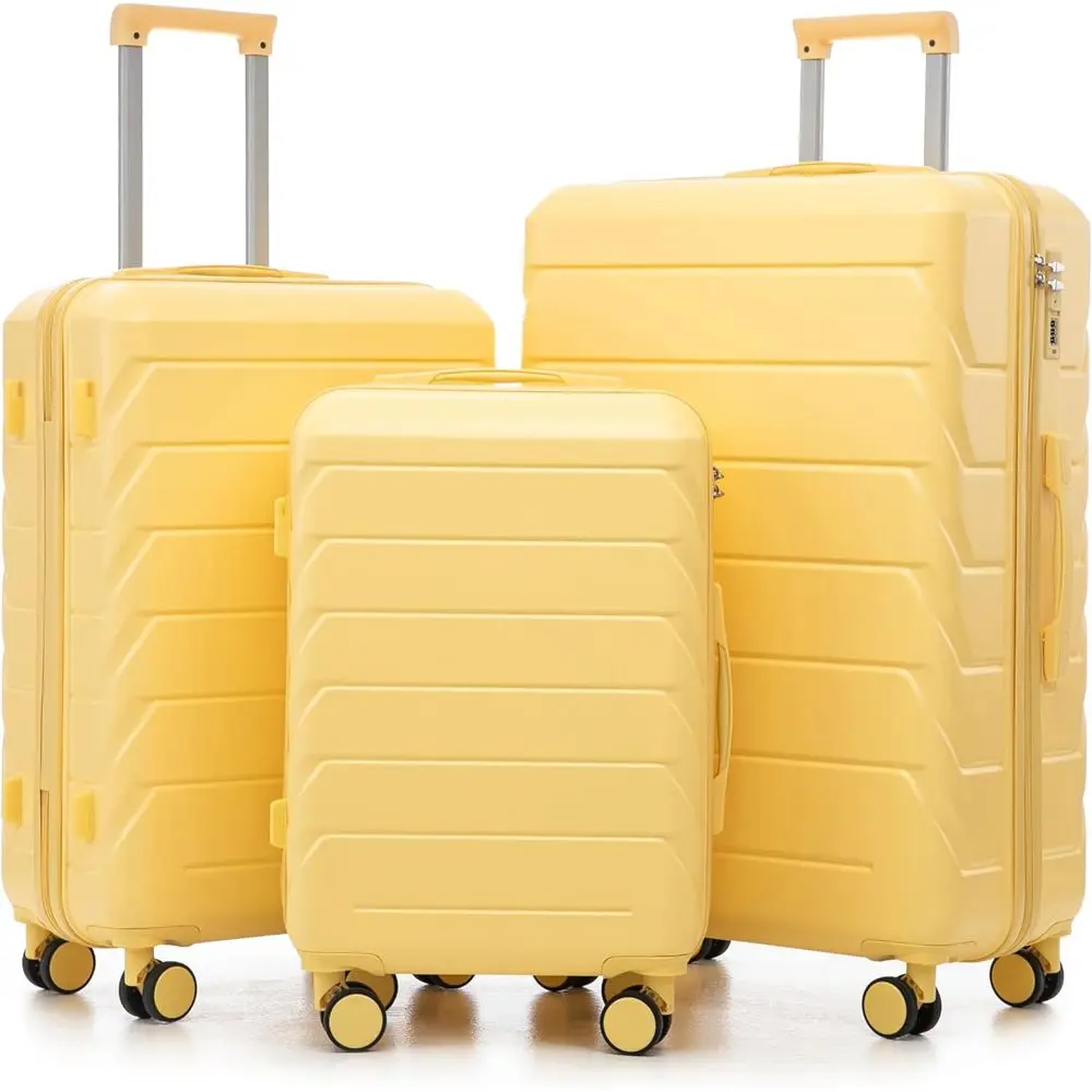 

3-Piece Large ABS Hardshell Suitcase Set with Spinner Wheels, Lightweight and Durable for Travel, 20/24/28 inches, Yellow