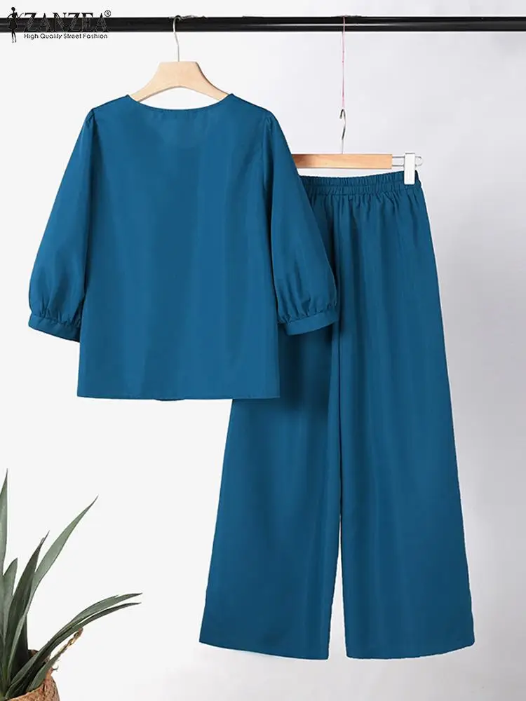 Fashion Women Work Tracksuit Casual Loose Pants Sets ZANZEA Summer Elegant 3/4 Sleeve Shirt Trousers Suits 2PCS Matching Sets