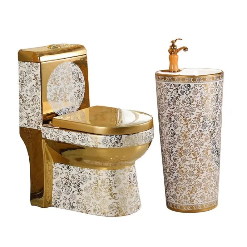 

Luxury modern bathroom ceramic integrated golden flower pattern toilet basin set