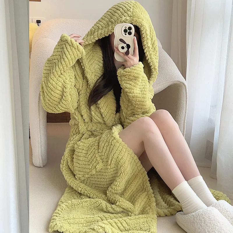 Nightgown Women\'s Autumn Winter Coral Fleece Robe Nightwear Long Plush Thickened Sweet Bathrobe Warm Flannel Home Wear Sleepwear