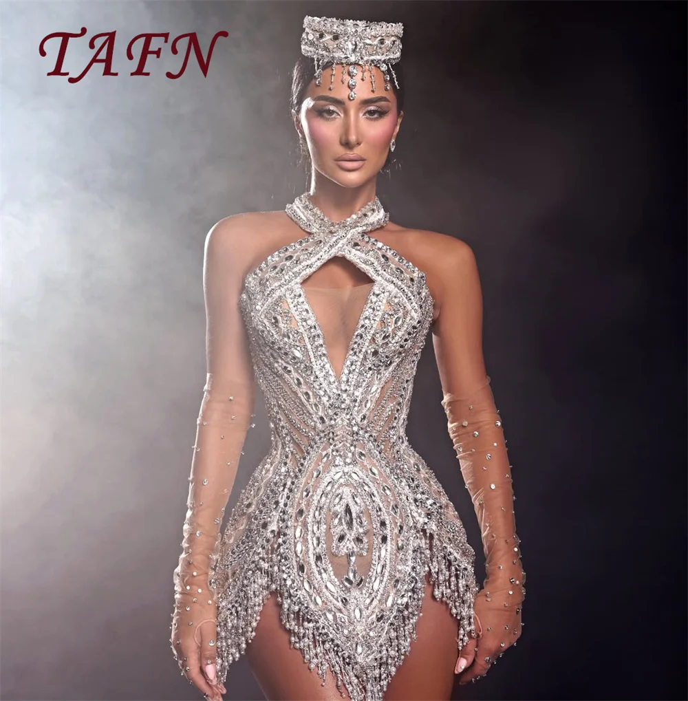 

TAFN Luxury Crystal Beads Short Prom Party Dresses Illusion Mermaid Mini Evening Gowns for Special Event Customized hoto Shoot
