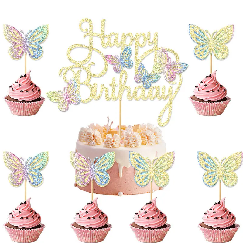 Birthday Cake Topper Pink Gold Hollow Double-Layer Butterfly Card Set Happy Birthady Party Decoration Supplies